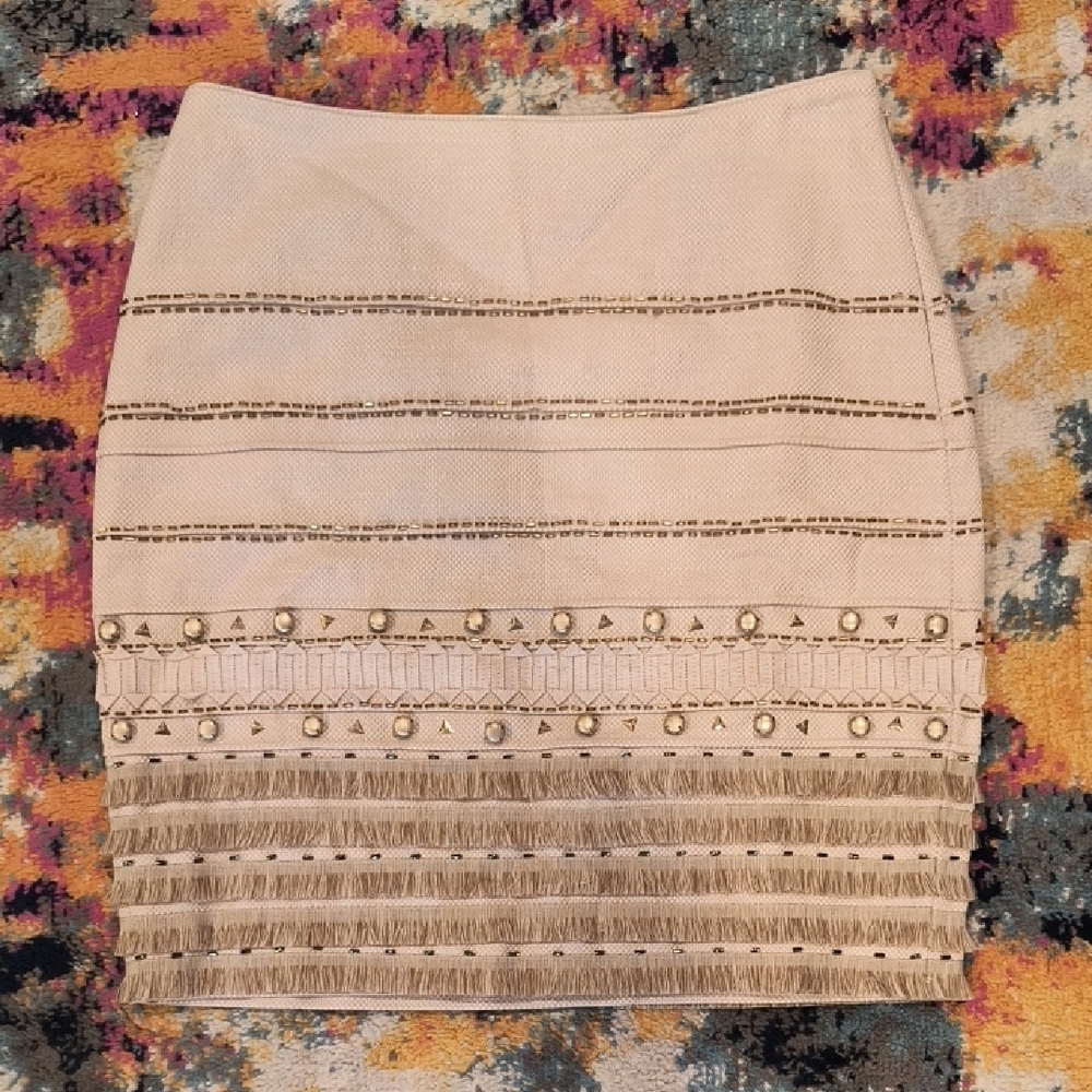 White House Black Market Embellished Mini Pencil Skirt Maximalist Beaded Fringe